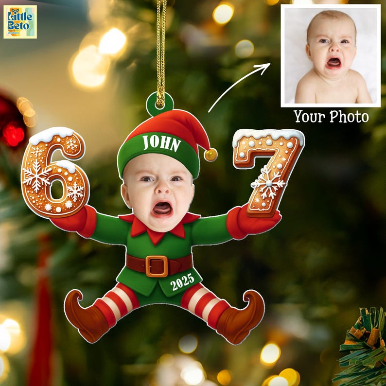 Each ornament highlights your uploaded photo with crisp details and a playful 6 7 meme style, perfect for funny holiday décor.