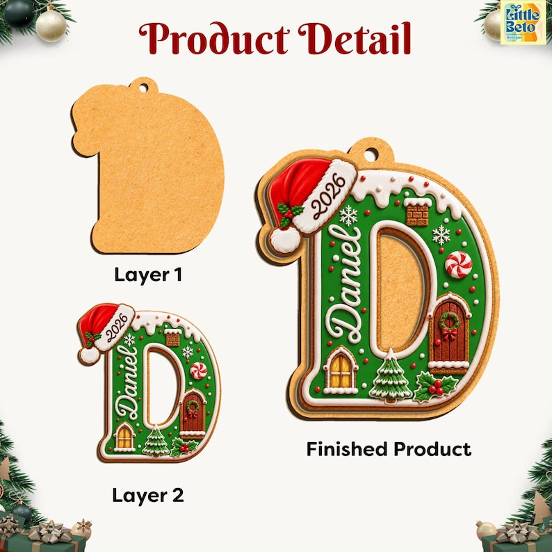 May include: A letter D shaped Christmas ornament featuring a Santa hat, the name Daniel, the year 2026, and holiday motifs like a tree, door, and candy. The product is shown in two layers, a plain wooden base and a finished, colorful top layer.