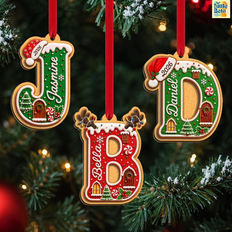 Personalized Gingerbread Alphabet 2-Layered Wooden Ornament, Custom Kids Name Letter Ornament, Christmas Santa Hat Decor, Grandkids Gift
