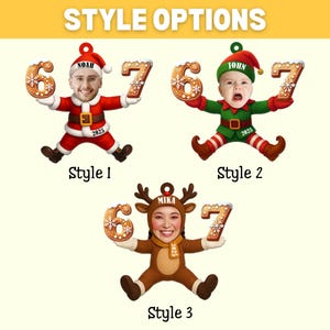 May include: Image features three Christmas ornament styles. Style 1 shows a person dressed as Santa holding gingerbread number ornaments. Style 2 shows a baby dressed as an elf. Style 3 shows a person dressed as a reindeer. The text "STYLE OPTIONS" is at the top.