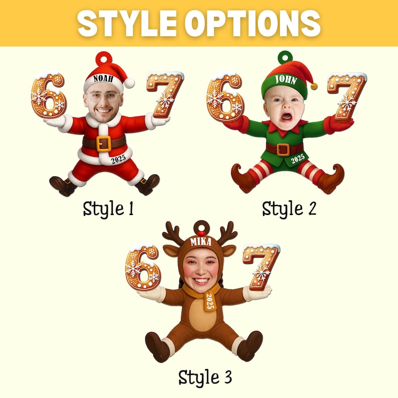 May include: Image features three Christmas ornament styles. Style 1 shows a person dressed as Santa holding gingerbread number ornaments. Style 2 shows a baby dressed as an elf. Style 3 shows a person dressed as a reindeer. The text "STYLE OPTIONS" is at the top.