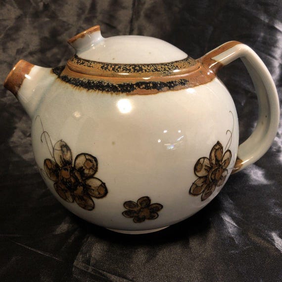Vintage Ceramic Teapot El Palomar Tonala MEXICO Brown On Cream Floral