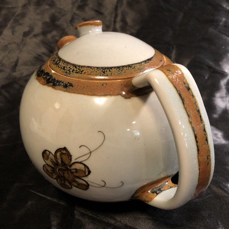 Théière vintage en céramique El Palomar Tonala MEXICO marron sur crème floral image 2