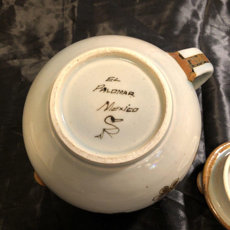 Théière vintage en céramique El Palomar Tonala MEXICO marron sur crème floral image 11