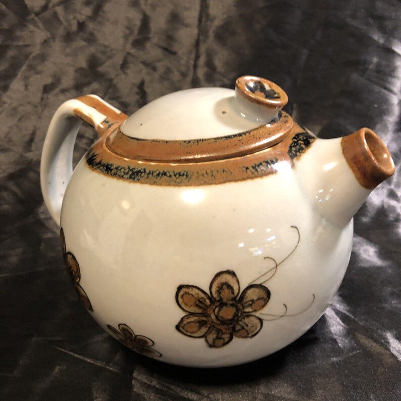 Théière vintage en céramique El Palomar Tonala MEXICO marron sur crème floral image 4