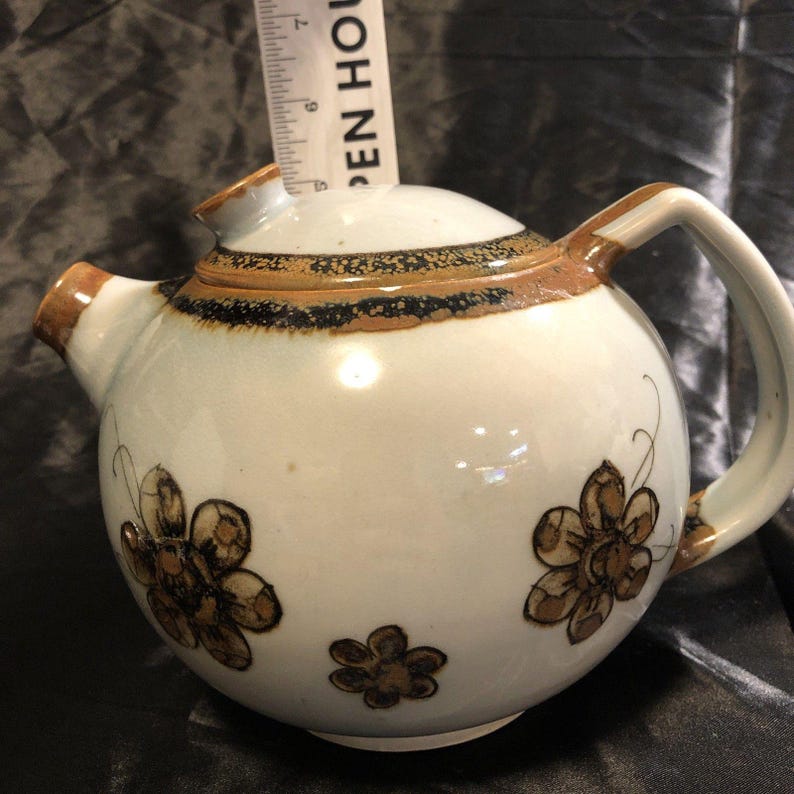 Théière vintage en céramique El Palomar Tonala MEXICO marron sur crème floral image 13