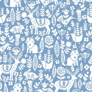 May include: A seamless pattern featuring white stylized animals, flowers, and foliage on a light blue background. The design includes deer, foxes, birds, and rabbits, creating a whimsical, folk-art style. The text "GEMMA LOFTHOUSE DESIGN" is visible.
