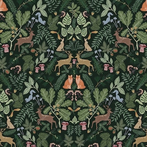May include: A dark green repeating pattern featuring woodland animals including deer, foxes, rabbits, and squirrels, interspersed with various forest flora such as oak leaves, ferns, pine needles, mushrooms, and acorns, creating a dense botanical design.