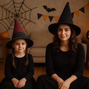 May include: A woman and a child wearing black witch hats and dresses sit on the floor. The child's hat is burgundy and black, while the woman's is all black. Lit jack-o'-lanterns and Halloween decorations are in the background.