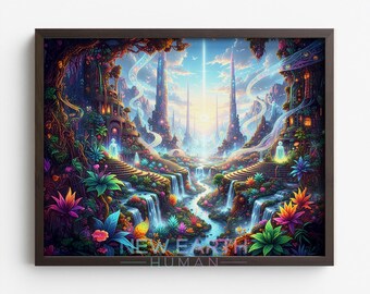 Lebendige Fantasielandschaft mit verzaubertem Schloss, surreale bunte Kunstdruck, druckbare digitale Malerei, verträumte Wandkunst Download-225