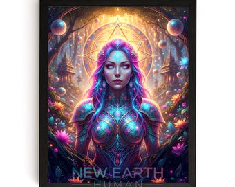Könnte beinhalten: Gerahmter Kunstdruck mit einer Frau mit blau-violettem Haar und aufwendiger Rüstung. Das Kunstwerk im Fantasy-Stil zeigt einen leuchtenden Hintergrund, florale Elemente und den Text "NEW EARTH HUMAN" am unteren Rand.