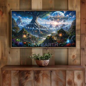 May include: A framed fantasy landscape print featuring a large tree with exposed roots, a floating city, and the text "NEW EARTH HUMAN". The artwork depicts a vibrant, colorful scene with mountains, houses, and a bright sky.