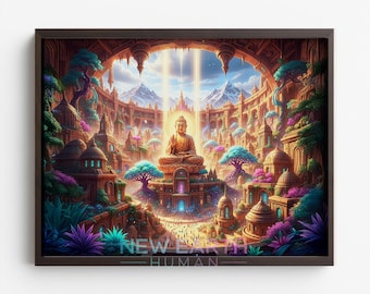 May include: A framed digital art print depicting a serene scene with a seated Buddha statue at the center. The artwork features a vibrant color palette, with a focus on the architecture and lush vegetation. The text "NEW EARTH HUMAN" is at the bottom.