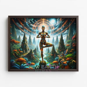 May include: A framed digital art print depicting a futuristic figure in a yoga pose. The figure, in a metallic orange and gold suit, stands on a small island in a vibrant landscape with towering structures and colourful flora. The text "NEW EARTH HUMAN" is at the bottom.