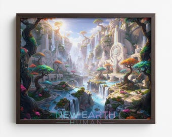 Moody Fantasy Landscape with Cascading Waterfall - Colorful Surreal Art, Dramatic Nature Scene, Printable Digital Download Wall Decor 162