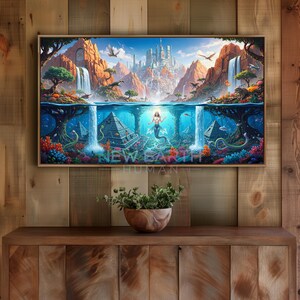 May include: A framed fantasy art print showing a split scene of a city above water and an underwater world with a mermaid. The upper half depicts a city, waterfalls, and mountains. The lower half features a mermaid, pyramids, and marine life. The text "NEW EARTH HUMAN" is visible.