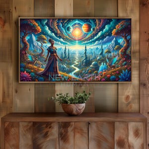 Op de afbeelding: Een ingelijste kunstdruk met een levendig, fantasierijk landschap. Het kunstwerk toont een vrouw in een blauwe jurk, een rivier en een stad met torens onder een kleurrijke hemel met planeten. De tekst op de print luidt "NEW EARTH HUMAN".