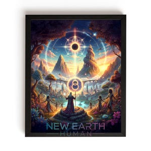 May include: Framed art print featuring a vibrant, surreal landscape with a central figure holding a staff. The artwork showcases a city, mountains, and a celestial body, with the text "NEW EARTH HUMAN" at the bottom. The color palette includes blues, oranges, and greens.