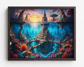 Fantasie zeegezicht Wall Art Print - levendige oceaan en onderwatergrot, humeurig avontuur decor, digitale download kunst, gedetailleerd schilderij 315