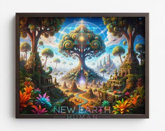 Arte stampabile dell'albero della vita - Decorazione murale fantasy vibrante, albero luminoso e luminoso, dipinto di paesaggio magico, download digitale 325