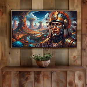 Peut inclure: Tableau encadré représentant un chef amérindien avec une coiffe, sur fond de paysage fantastique et vibrant. L'œuvre comprend le texte "NEW EARTH HUMAN". La palette de couleurs comprend des bleus, des oranges et des verts.