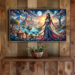 Op de afbeelding: Een ingelijste fantasy art print met een vrouw in een zwierige jurk met uitgestrekte armen, tegen een achtergrond van een fantastisch landschap met kastelen, water en een volle maan. De tekst "NEW EARTH HUMAN" is zichtbaar.