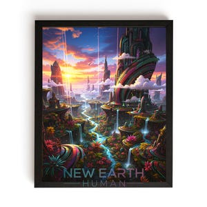 May include: Framed art print featuring a vibrant, colorful landscape with waterfalls, futuristic architecture, and a sunset sky. The text "NEW EARTH HUMAN" is at the bottom. The artwork is set in a black frame.