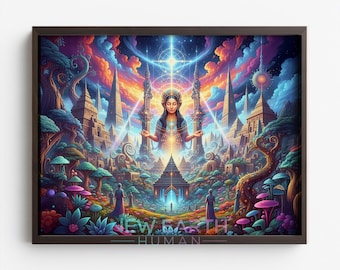 Könnte beinhalten: Gerahmter Kunstdruck mit einer surrealen Landschaft. Das Kunstwerk zeigt eine zentrale weibliche Figur mit ausgestreckten Armen, umgeben von einer Stadt mit hohen Türmen, bunten Bäumen und einem strahlenden Himmel. Der Text "NEW EARTH HUMAN" befindet sich unten.