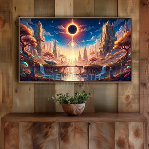 Può includere: Una stampa artistica incorniciata raffigurante una vivace città fantastica sotto un evento celeste. L'opera presenta strutture imponenti, cascate e un ponte, con le parole "NEW EARTH HUMAN" in basso. La tavolozza dei colori comprende blu, arancione e viola.