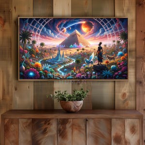 May include: A framed art print depicting a vibrant, surreal landscape with a pyramid, fantastical flora, and a figure. The artwork features a colorful sky with planets and a river winding through the scene. The text "NEW EARTH HUMAN" is visible at the bottom.