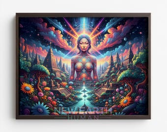 May include: A framed digital art print featuring a woman with intricate body art, set against a vibrant, surreal landscape. The artwork showcases a colorful sky, temples, and a flowing river, with the text "NEW EARTH HUMAN" at the bottom.