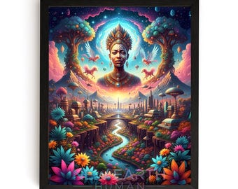 Könnte beinhalten: Ein gerahmter Kunstdruck mit einer lebendigen, surrealen Landschaft. Das Kunstwerk zeigt eine Frau mit aufwändigem Kopfschmuck im Zentrum, umgeben von fantastischen Elementen wie schwebenden Kreaturen, bunten Bäumen und einem fließenden Fluss. Der Text "EARTH HUMAN" befindet sich unten.
