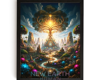 May include: Framed art print depicting a vibrant fantasy landscape. A large, glowing tree dominates the center, with a city and river below. The artwork features a colorful palette of blues, greens, and pinks, with the text "NEW EARTH HUMAN" at the bottom.