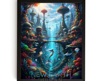 Humeurige onderwaterfantasiestad - surrealistisch digitaal schilderij van duiker, levendige gloeiende paddestoelstructuren, afdrukbare kunst downloaden 70