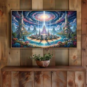 May include: A framed fantasy art print showing a colourful cityscape with a central spire, surrounded by mountains, water, and flora. The sky has a swirling vortex of colours, with beams of light descending onto the city. Elephants are visible.