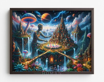 Fantasy Floating Castle Wand Kunst - Surreale kosmische Landschaft, Stimmungsvoller Digitaldruck, lebendige Neonlichter, Fantasy Dekor, Instant Download 212