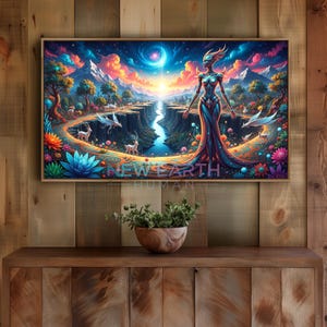 May include: A framed digital art print featuring a vibrant fantasy landscape. The artwork depicts a celestial figure in a flowing gown, standing before a river and mountains. The text "NEW EARTH HUMAN" is visible at the bottom.