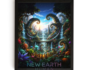 Fantasy Futuristic Cityscape, Sci-Fi Digital Art Print, Vibrant Utopian Metropolis, Surreal New Earth Wall Art with Lush Vegetation 80