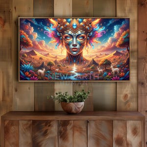 Op de afbeelding: Een ingelijste kunstdruk met een levendig, surrealistisch landschap met een centrale vrouwelijke figuur. Het kunstwerk toont een kleurrijke lucht, bergen en een rivier, met de tekst "NEW EARTH HUMAN" onderaan. Het kleurenpalet omvat blauw, oranje en roze.