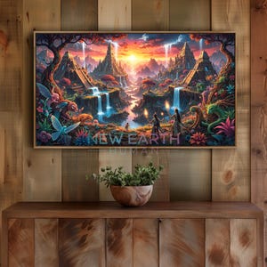 Puede incluir: Una impresión enmarcada de un paisaje de fantasía con colores vibrantes. La obra de arte representa cascadas, montañas y criaturas fantásticas. El texto "NEW EARTH HUMAN" es visible en la parte inferior. El tema general es un mundo místico e imaginativo.