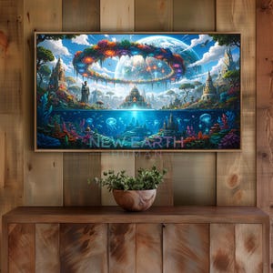 May include: A framed fantasy art print depicting a vibrant, colorful landscape with a split view of land and underwater scenes. The artwork features castles, a planet, and the text "NEW EARTH HUMAN". The color palette includes blues, greens, and oranges.