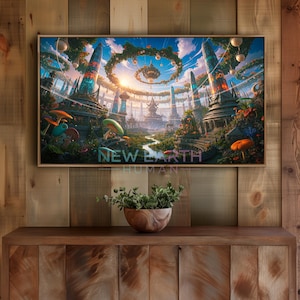 May include: A framed print of a futuristic city with tall, colorful structures, a winding river, and lush vegetation. The artwork features the text "NEW EARTH HUMAN" at the bottom, set against a vibrant sky with a bright sun. The overall theme is science fiction.
