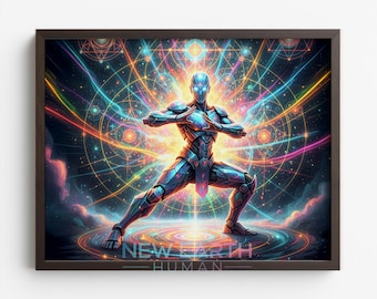 Futuristic Robot Power Pose Art, Printable Cyberpunk Wall Decor, Neon Digital Illustration, Energetic Sci-Fi Art Download, 3D Concept 286