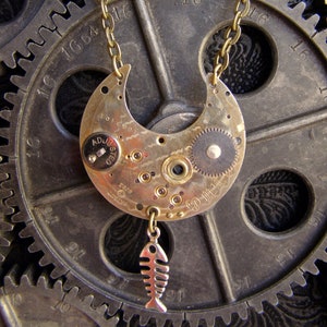Steampunk Recycled / Upcycled Antique Pocket Watch Parts Cat Face Necklace