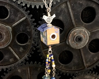 Bird House Pendant Necklace created from recycled gift tins in shades of periwinkle blue and yellow