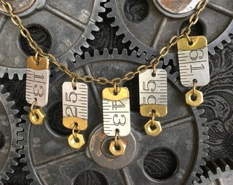 Recycled / Upcycled Industrial Chic Vintage Aluminum Folding Ruler and Brass Hardware Necklace