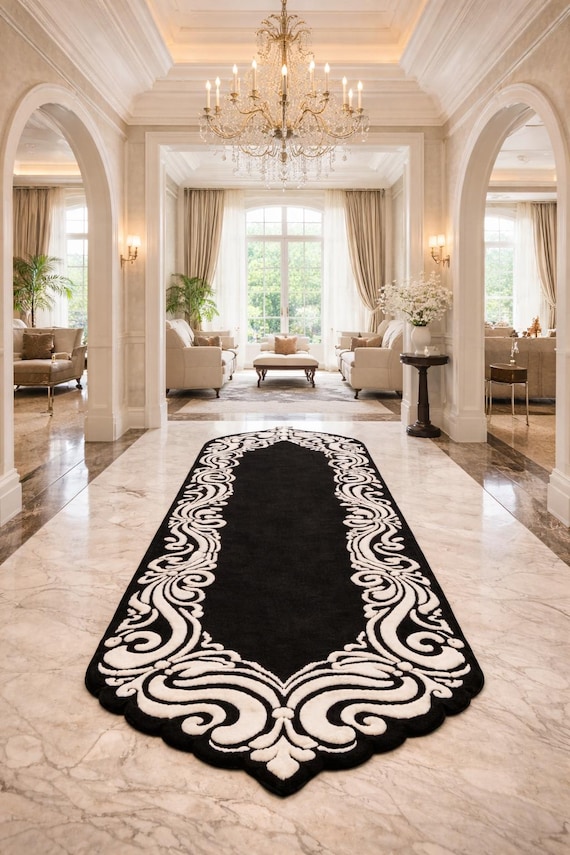 Barock Teppich Läufer, Schwarzer Weißer Teppich, Eleganter Teppich für den Flur, Benutzerdefinierte Größe Eingangsbereich Wohndekor