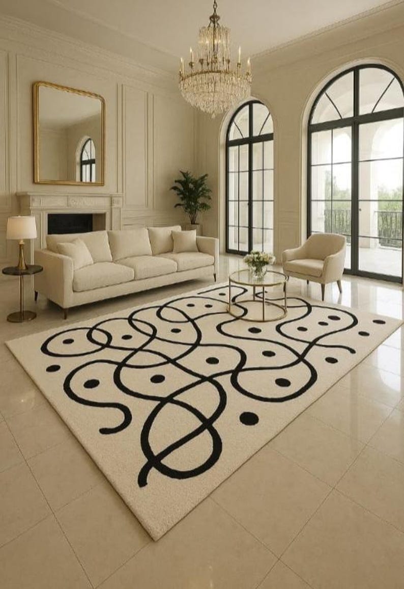 Cream Color Area Rug Hand Tufted Wool Area Rug, Modern Black and Cream Abstract Design - Etsy