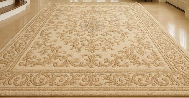 Elegant Beige Floral Area Rug – Classic Traditional Carpet for Living ...