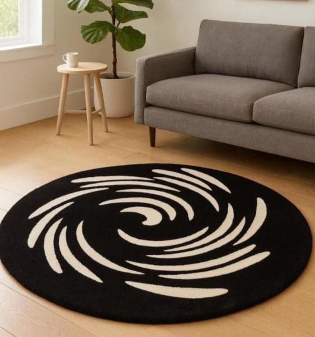 Black Spiral Round Rug | Modern Abstract Area Rug - Etsy